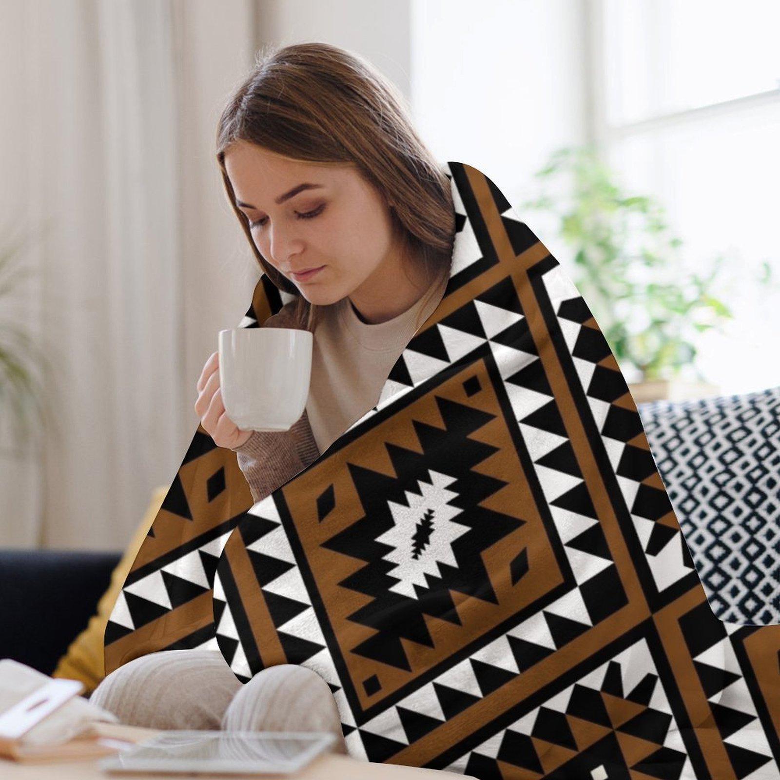 Navajo Southwestern Tribal Fleece Blanket, Aztec Geometric Print Soft Cozy Throw, Brown Black Boho Western Home Decor Gift for Couch Bed