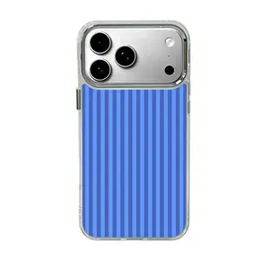 Blue striped phone case, suitable for iPhone17 ProMax, 16Pro, 15, 14, 13, 12, smartphone case, premium electroplated silver frame, military-grade protection