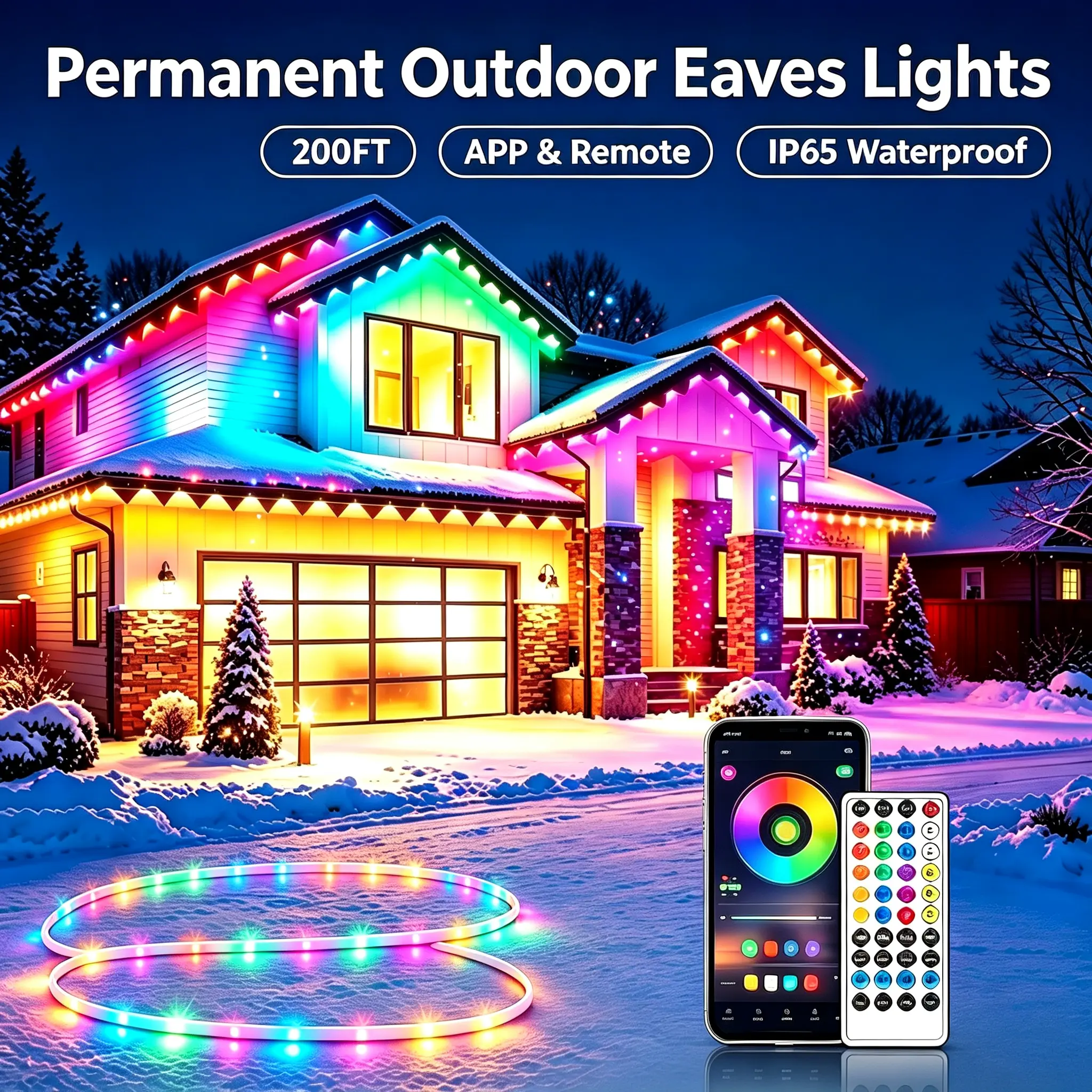 Smart RGB Permanent Outdoor Eaves Lights，100-200FT / App Control / IC LED / IP67 Waterproof / Music Sync，Christmas / Halloween / Holiday Decor