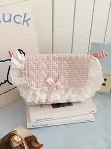 Cute Pink Gingham Quilted Cosmetic Bag, Lace Ruffle Bow Makeup Organizer, Large Capacity Travel Toiletry Pouch, Makeup Storage Bag for Girls