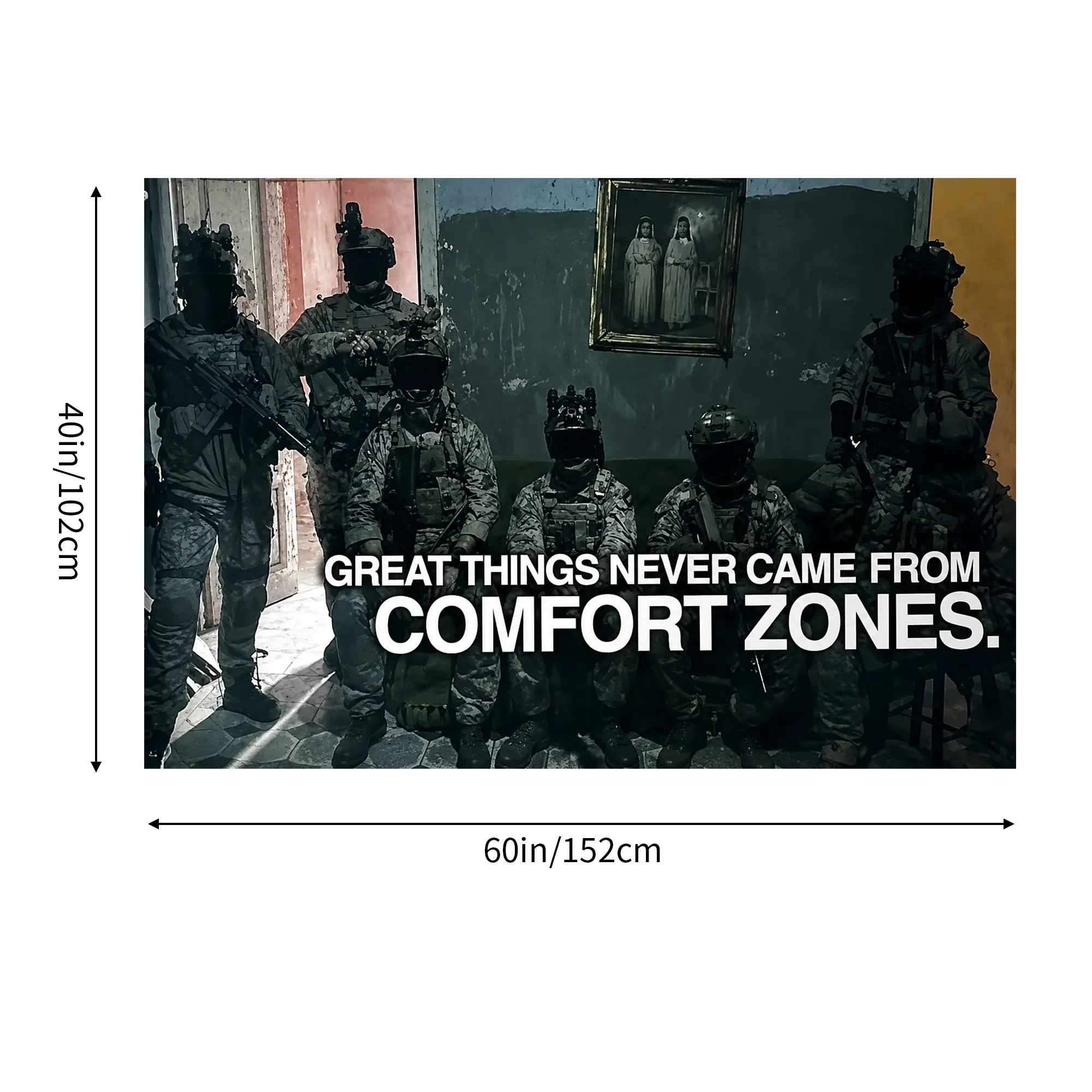 3x5ft Polyester Motivational Military Special Forces Backdrop Banner Festive Flag - "Great Things Never Came From Comfort Zones", Weatherproof Wrinkle-Resistant Vintage Tone Room Decor, Indoor Hanging Gift Banner