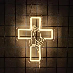 Praying Hands Neon Sign Cross Light Suitable for Bedroom, Living Room, Auditorium, Party Decoration Christian Neon Sign Gift for Believers LED Neon Lights