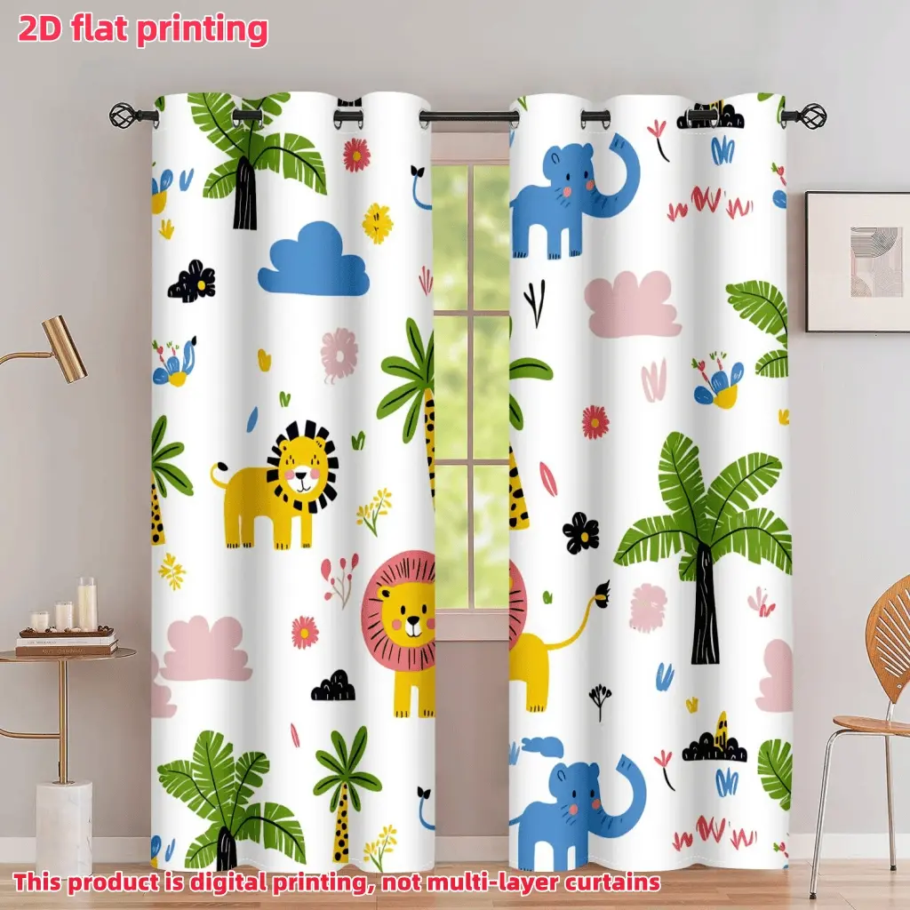 2D Flat 2Pcs Cartoon Animal Theme Curtain Panels, White Background Safari Decor, Cute Lion Elephant Palm Tree Printed Window Drapes, Semi-Sunshade for Living Room Bedroom Kitchen Balcony Study, Accessory, Anti-Privacy.