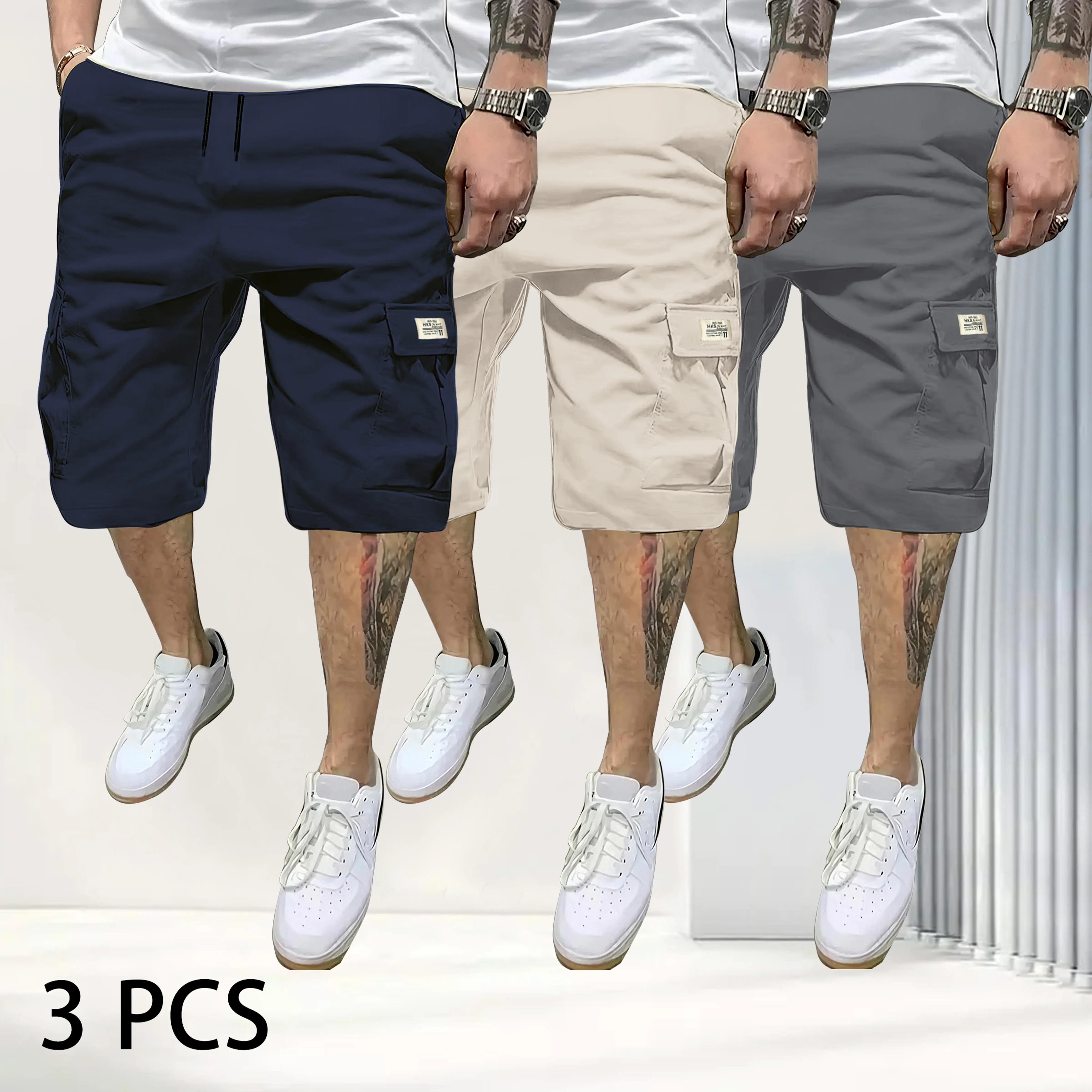 Men’s 3-piece slim shorts set — summer casual color-block drawstring ...
