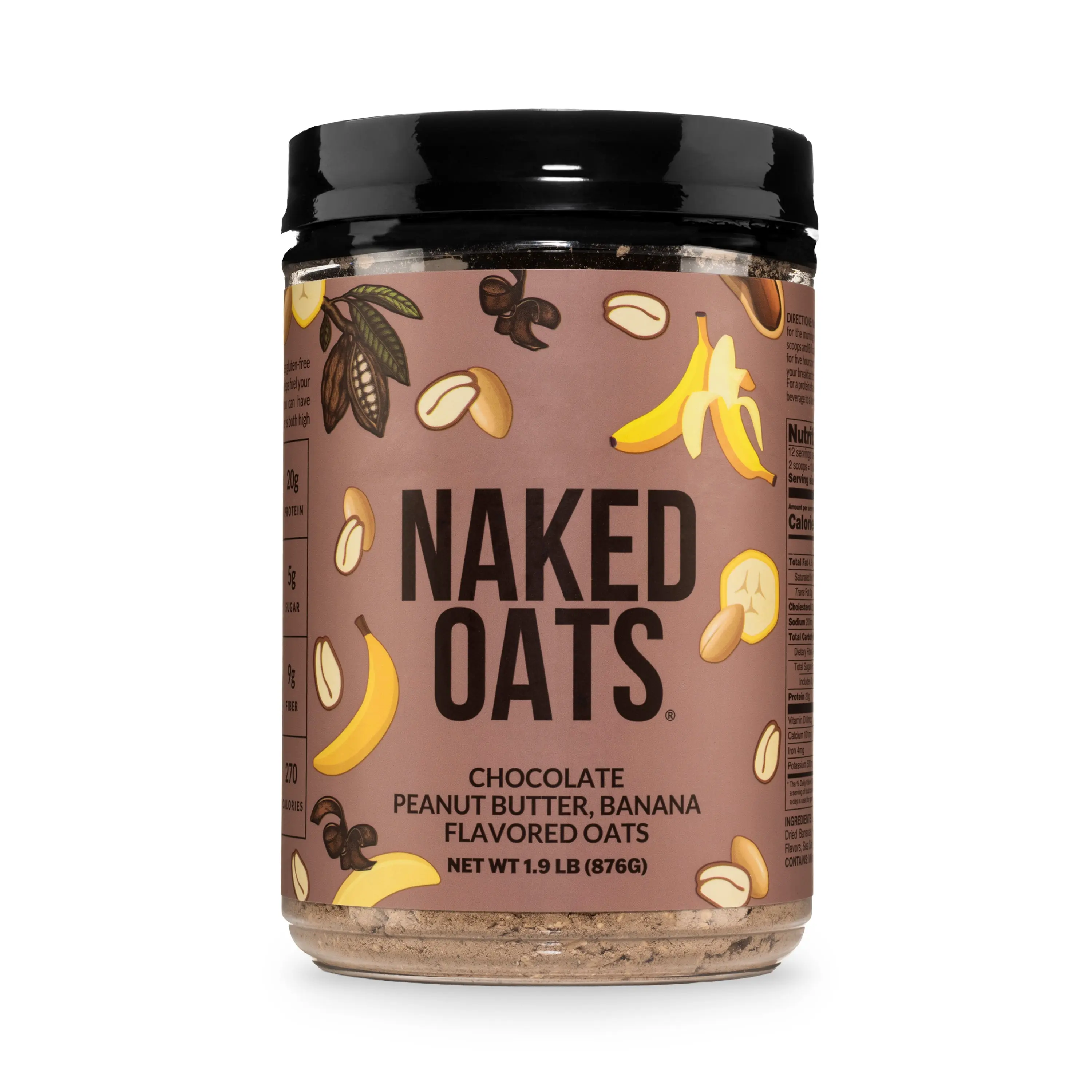 Naked Chocolate Peanut Butter Banana Protein Oats - With Whey Protein for Lean Muscle - 20g of Protein, 9g of Fiber, 5g of Sugar