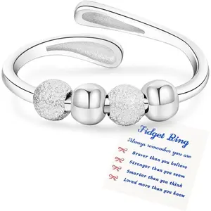 Silver Plating Adjustable Spinner Ring with Beads, Fidget Focus Ring for Women, 925 Silver Stackable Band