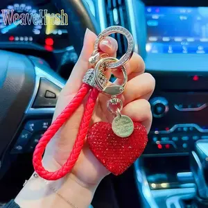 Cute Love Heart Clay Keychain with shiny diamond decor, romantic couple heart pendant design, trendy fashion bag charm pendant, delicate stylish accessory for daily decoration and couple gift.