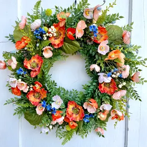 Spring Front Door Wreath, Summer Wreath for Front Door, Peach Poppy Wreath, Floral Porch Decor, Farmhouse Outdoor Wreath, Mother’s Day Gift