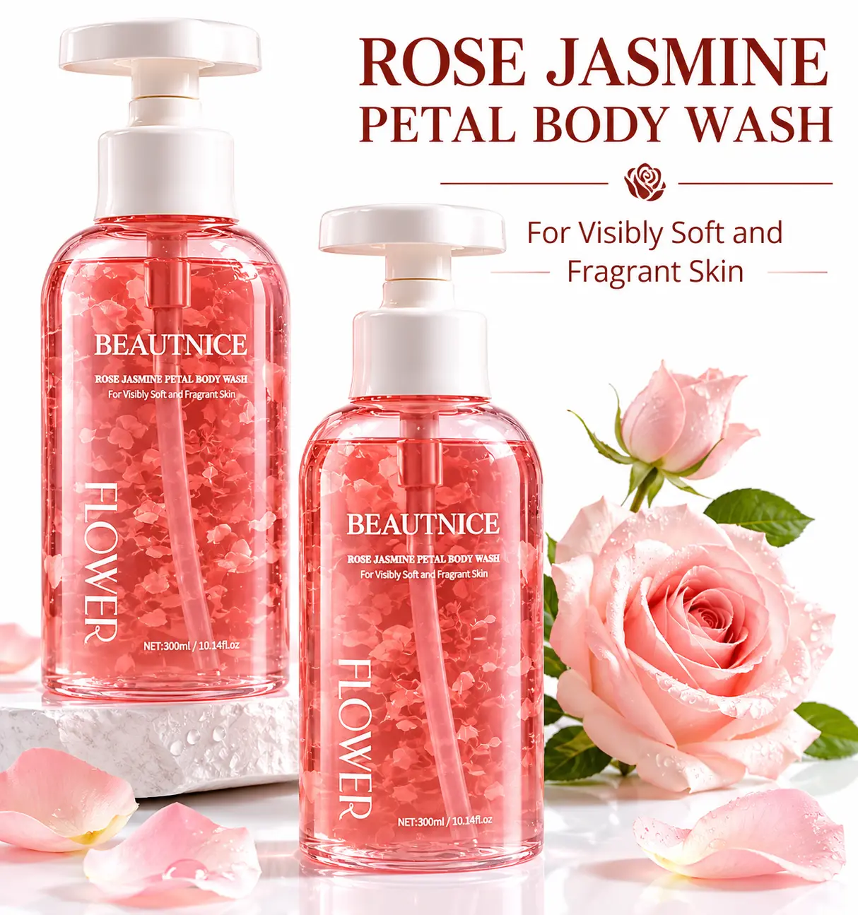 Rose Petal Shower Gel with Real Petals for Back Acne & Body Odor, Purifying Body Wash Cleanser to Balance Oil & Smooth Rough Skin, Body Care