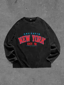 Men's Washed Vintage Round Neck Long Sleeve T-Shirt, Casual Fitted Design, Random Print Pattern, All Seasons Wear, Casual Clothing