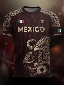 Mexico Gold Eagle and Serpent Heritage Soccer Jersey, Fitted Long Sleeve Sportswear, All-Season Wear, Stylish Design, Jersey Shirts, Soccer Uniform