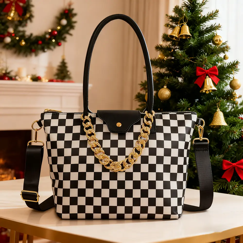 Women's Plaid Crossbody Bag - Synthetic Black and White Everyday Casual Vibes Handbag, Lightweight Medium Purse with Zip Closure, Shoulder Strap, Chain for Daily Use, Crossbody Bags For Women, Everyday Bag