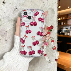Transparent Water Ripple Shell With Cherry Bow Pattern+Strawberry Bead Hanging Chain Phone Case For Redmi Note 10 11 12 Pro 13 14 Pro Plus 10S 11S Redmi 13X 14C 13C Star Rainbow Kitty Paw Phone Cover Cases