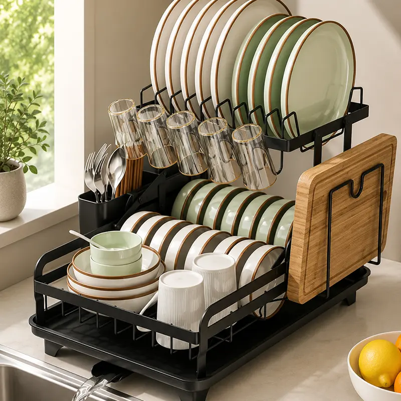 Large Capacity 2 Tier Dish Drying Rack with Auto Drain System, Kitchen Counter Organizer for Plates, Bowls, Cups and Cutting Boards Multifunctional