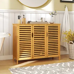 COSTWAY - 3-Door Bamboo Bathroom Cabinet with Shelves-Natural