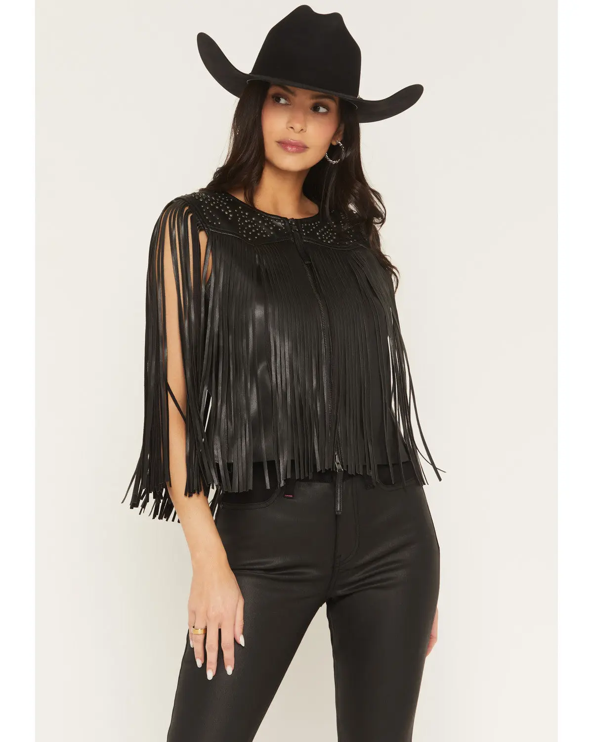 Arlene Studded and Fringe Faux Leather Vest