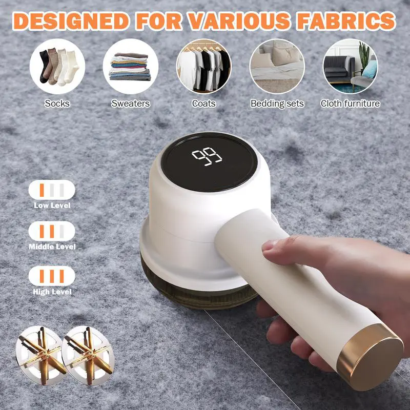 Rechargeable Fabric Shaver with 2 Replaceable Stainless Steel 6-Leaf Blades(1 Free Extra Included) | Lint Remover with 3-Speed Settings & LED Display - Efficient Sweater and Lint Shaver for Clothes, Removing Fuzz, Lint Balls, Pills, and Hairballs.