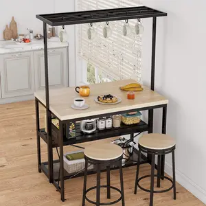 47 Inch Kitchen Island with Storage & Power Supply, Microwave Shelf & 3-Tier Shelves, Wood & Steel Bakers Rack for Small Kitchen, Breakfast Bar, Coffee Station, 5 Hooks