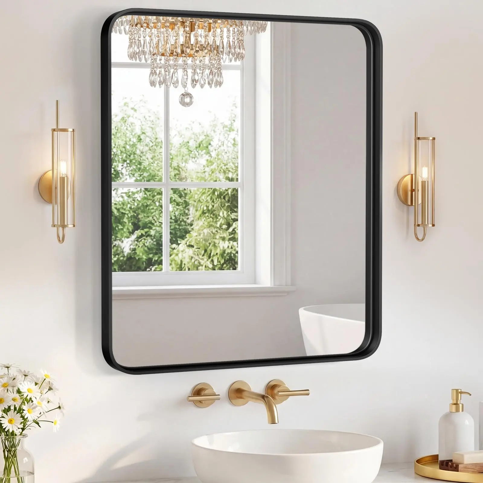 Shatter-Resistant Bathroom Mirror 30x40 Inch for Over Sink, 5x Stronger Tempered Glass Wall Rounded Rectangle Mirror with Matte Metal Frame