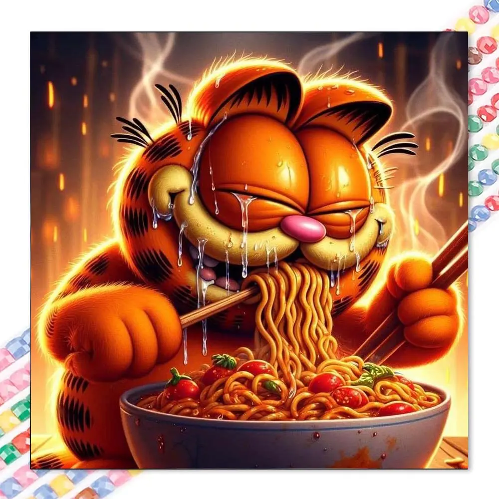 1 DIY Diamond Painting Kit, 5D Diamond Art Set, DIY Decoration, Garfield, Pasta, Enjoy, Full Round Drill Diamond Painting Kit, Mosaic, Diamond Art, DIY Art Home Decor, Suitable for Christmas.