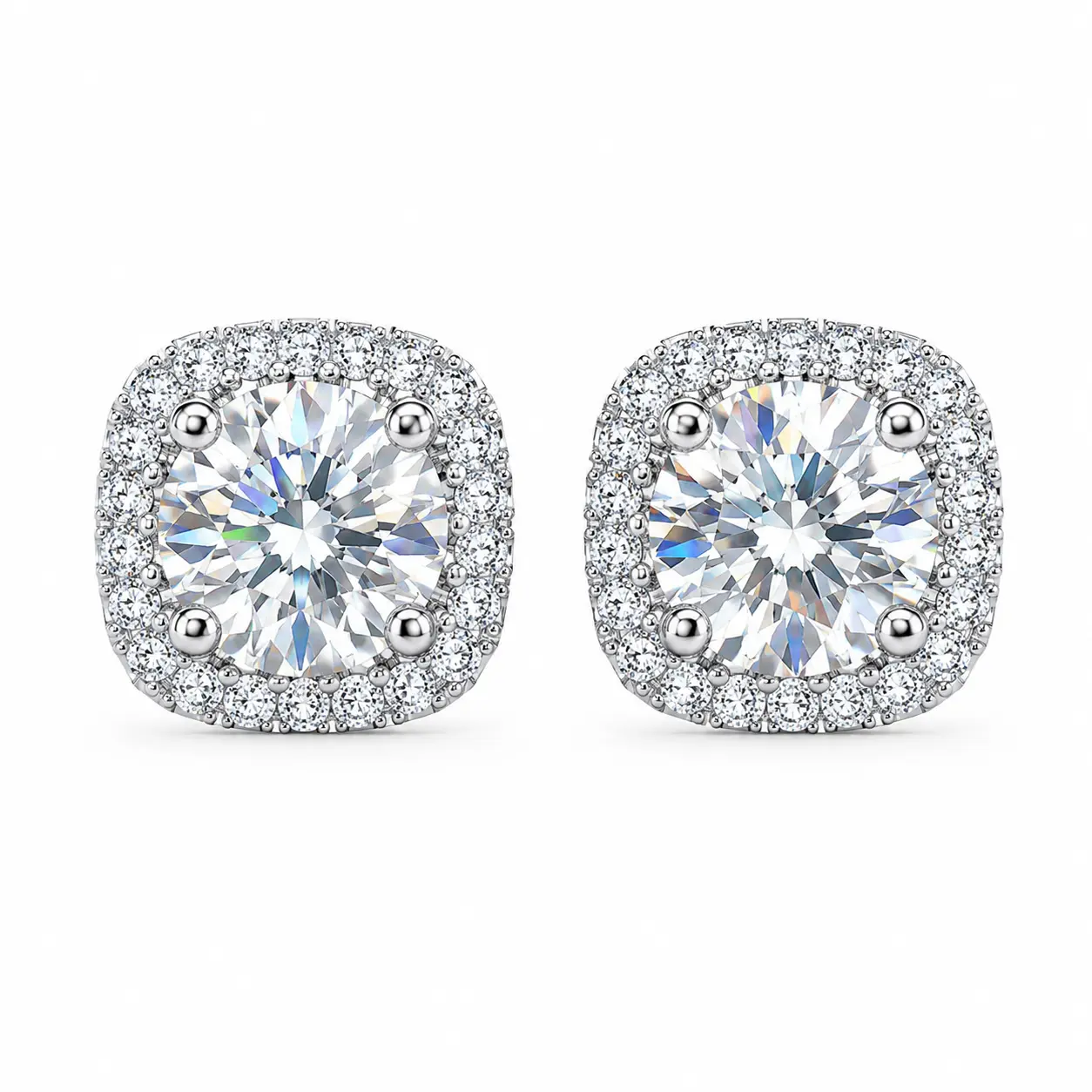 HE-001PT-High Quality Earrings Stud, LuxeStone Cushion Halo Moissanite Stud Earrings - 0.5CT, Stainless Steel, Sparkling Ear Jewelry