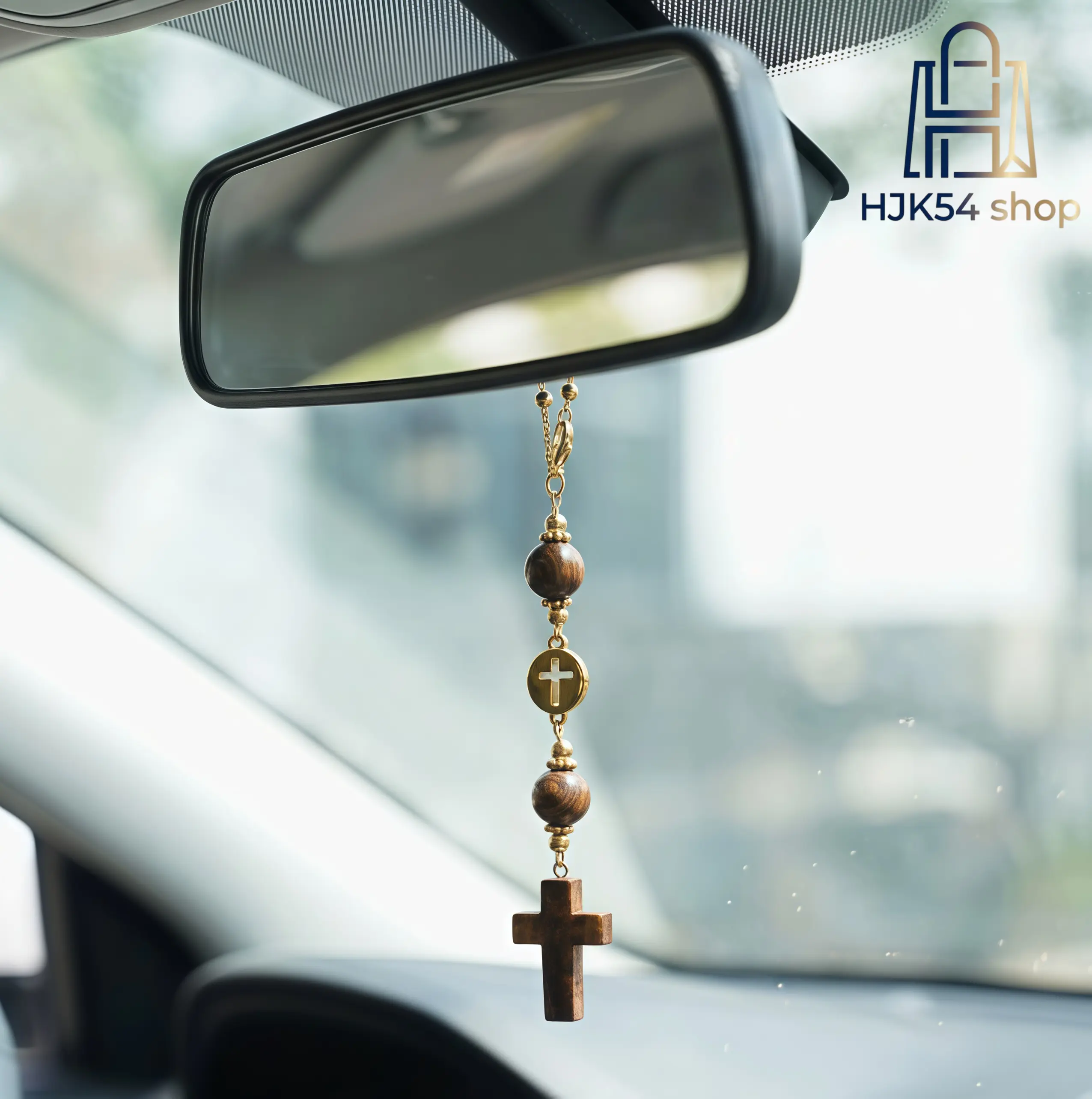 Cross Car Rearview Mirror Hanging Ornament, Natural Stone Beaded Christian Charm, Religious Cross Pendant for Car Interior, Spiritual Protection Car Accessory