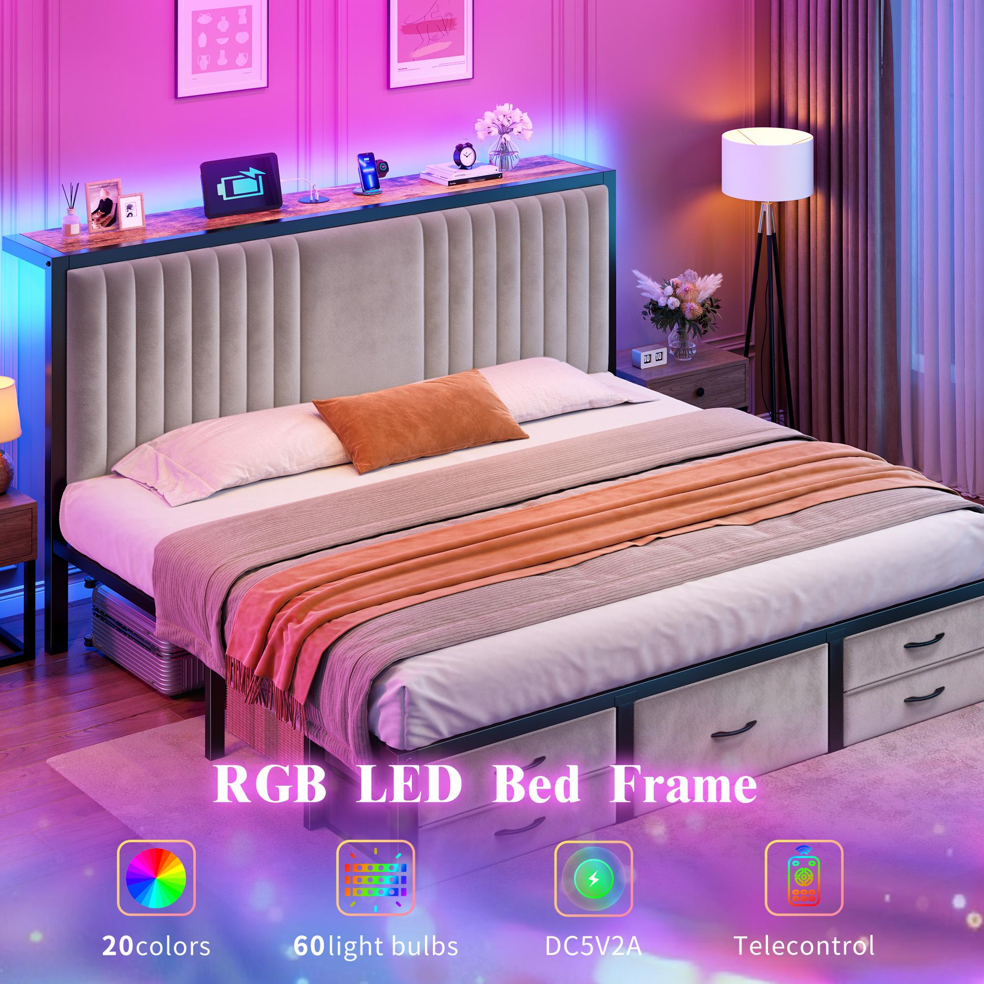 【Storage Bed】Modern King/Queen/Full Size Bed Frame with 5 Storage Fabric Drawers,Luxury Upholstered Platform LED Metal Bed Frame with Built-in Charging Station & Shelf on Headboard,13.39" Under Bed Space for Apartment,Dorms,Attic,Guestroom,838LBS Capacity