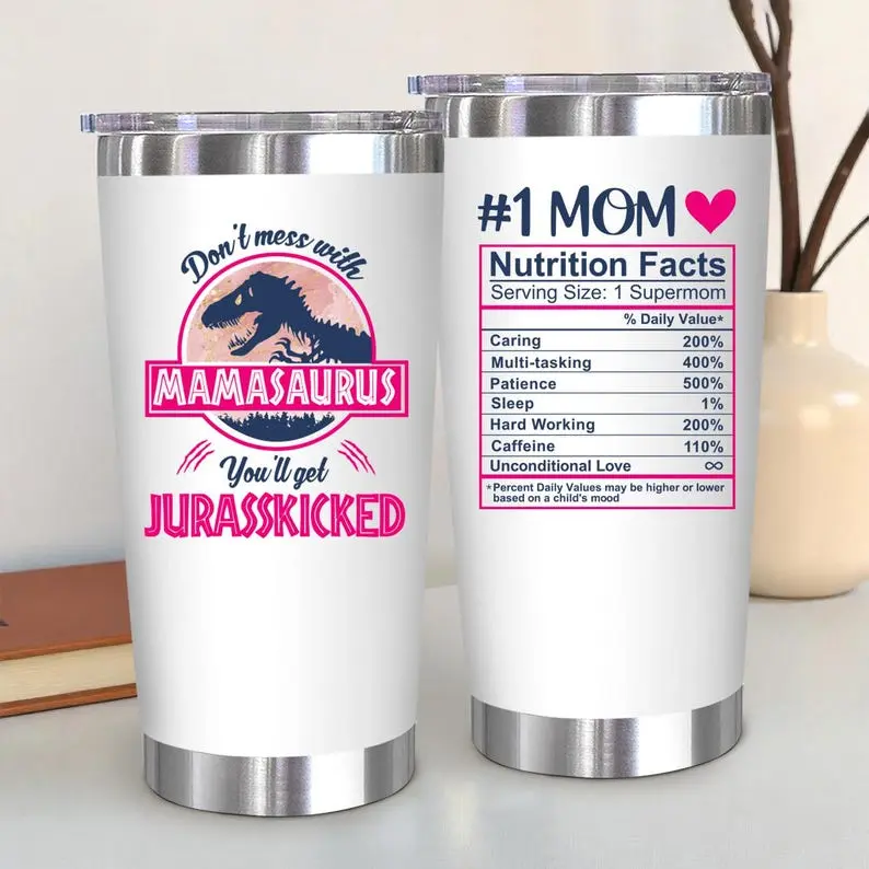Mother's Day Gifts for Mom, Mom Gift Tumbler 20oz, Mamasaurus Birthday Cup, Dinosaur Mug