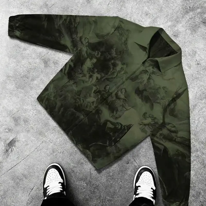 Men's Vintage Oil Painting Print Lapel Fitted Jacket, Artistic Design, High-End Color, Unisex Casual Long Coat