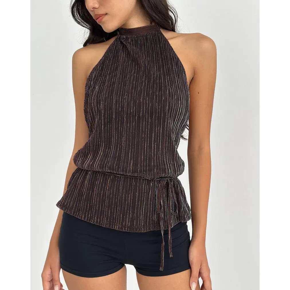 MOTEL Brienne Top in Brown Shimmer Sheer Plisse