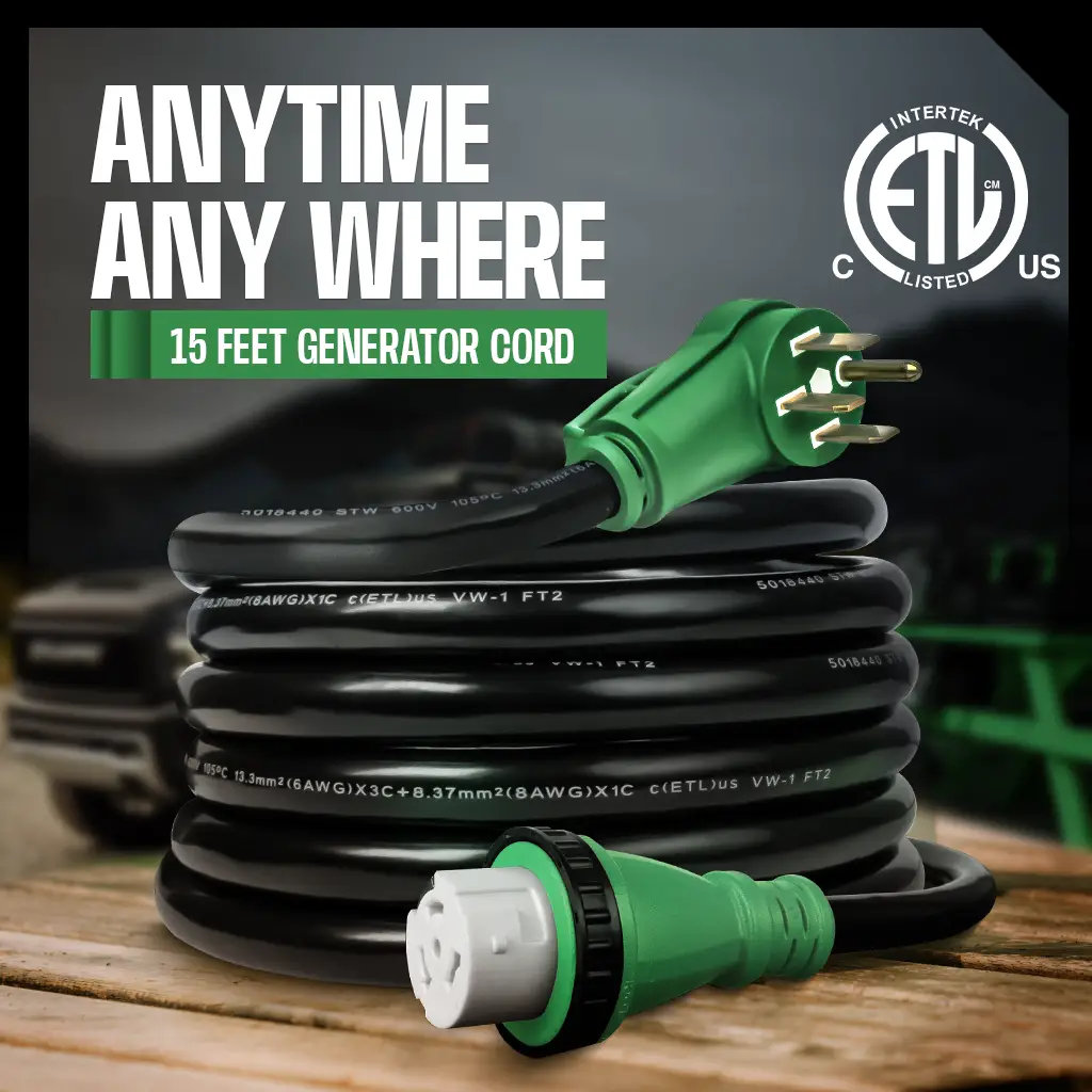 50 Amp Generator Extension Cord 15FT – Heavy-Duty 125V/250V NEMA 14-50P to SS2-50R Twist Lock Connector Generator to Home 12500W