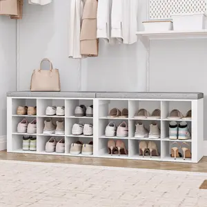 Shoe Storage Bench with Cushion, Entryway Storage Bench with Cubbies, 9.5" Widened Organizer Cabinet, Long Cubby Rack for Living Room, Bedroom, Entryway
