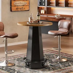 Tribesigns Round Bar Pub Table, 39.4" H Bistro Cocktail Table with Metal Footrest for Drinking & Gathering, Industrial Home Bar High Top Unit, Small Spaces, Brown & Black