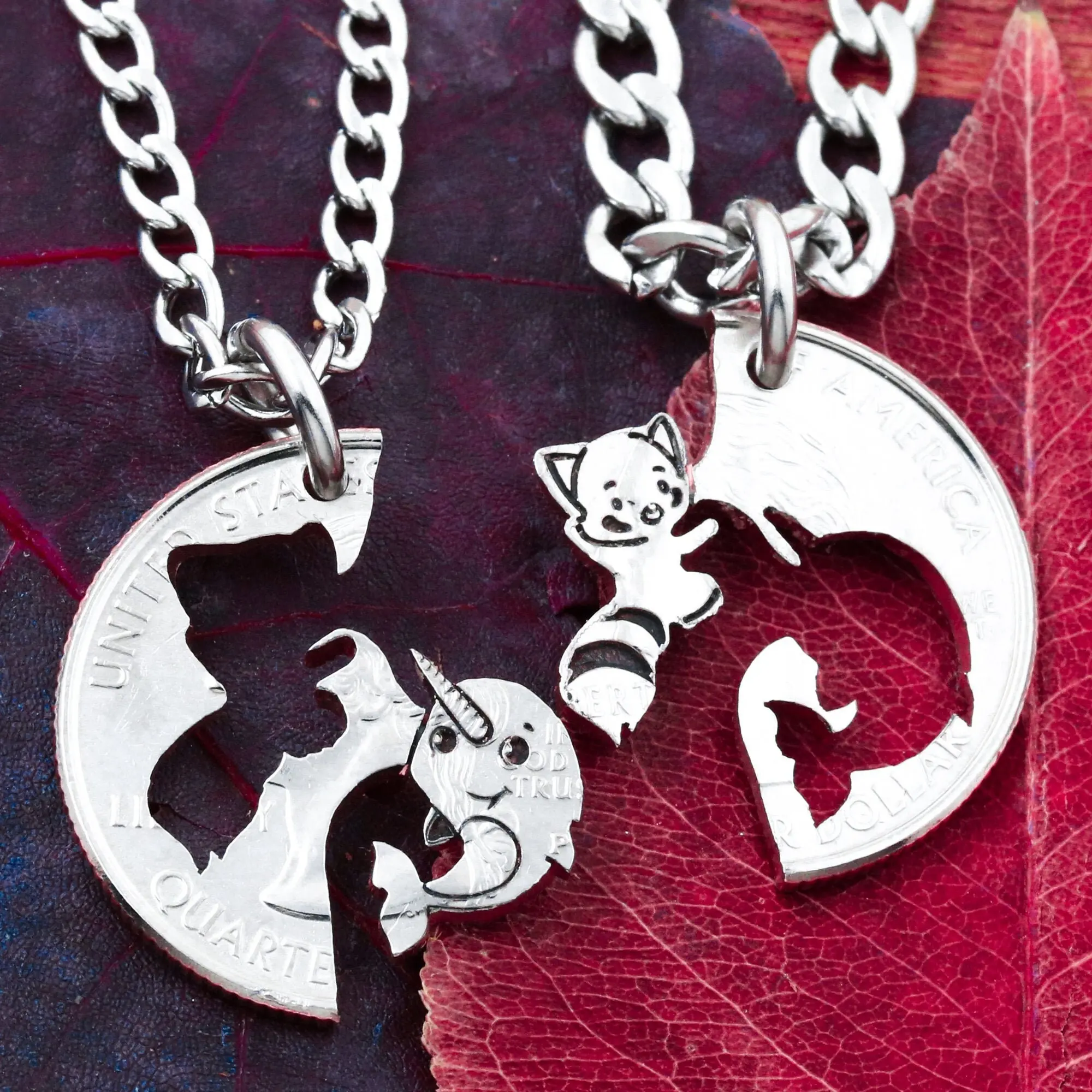 Red Panda and Narwhal Best Friends Necklaces, Hand Cut Coin