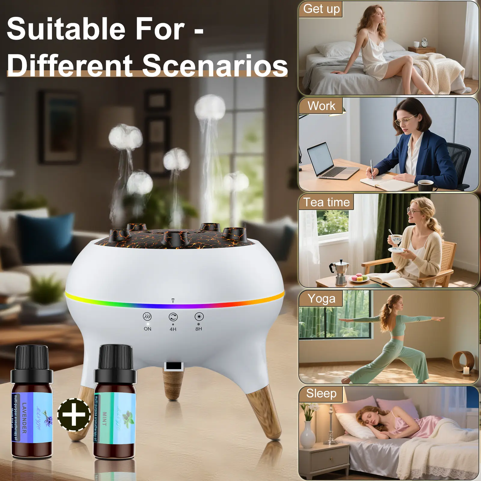 Colorful Aromatherapy Fireplace Humidifier volcano diffuser Dynamic multi-spray aromatherapy machine desktop flame humidifier household large fog volume colorful light remote control jellyfish  diffuser