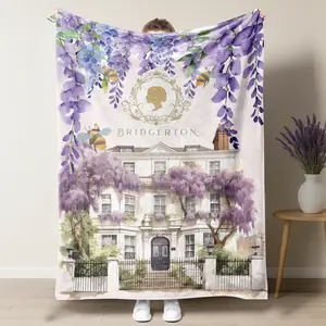 Bridgerton Wisteria & Honey Bee Throw Blanket, Regency Era London Townhouse Watercolor Print Soft Flannel Blanket, Perfect Cozy Gift for Bridgerton Fans & Romance Novel Lovers, Elegant Lavender Home Decor for Sofa Bedroom