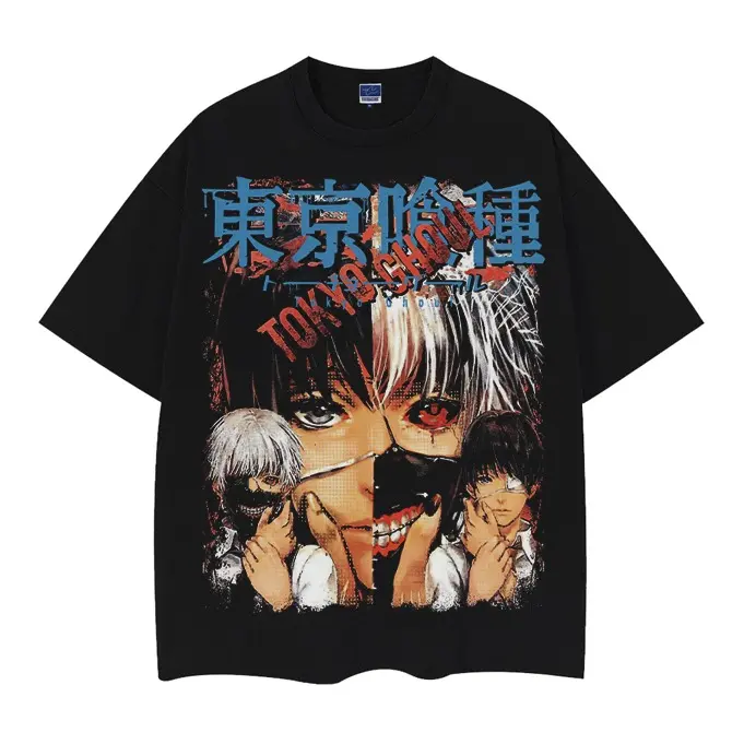 Men's Tokyo Ghoul Ken Kaneki Oversized Loose Vintage T-Shirt, 100% Cotton Anime Clothing, Short-Sleeve Heavyweight Black Streetwear Top with Horror Mask Design, Cotton Shirt