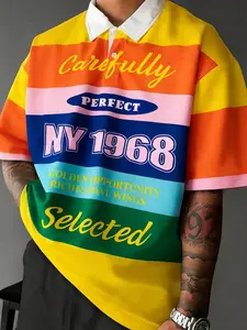 Unisex Retro, Classic Rainbow Striped NY 1968 Oversized Polo Shirt Tee Casual CleanFit Y2K Aesthetic Preppy Streetwear Premium Polyester Blend Bold Color-Block Stripes Vintage Typography Print Contrast Collar Drop Shoulder Relaxed Fit OOTD