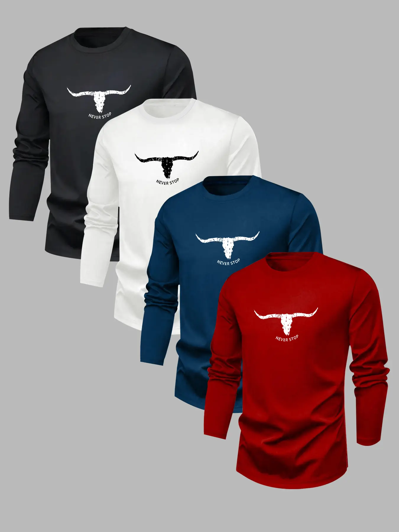 Men's Classic 4-Piece Set Letter Cow Bull Animal Print Casual Long Sleeve Crewneck T-Shirts, Fitted Polyester Knit Tops for Fall & Winter, Versatile Basic Tees, Knitwear, Menswear, Knitted Casual Top, Fabric, Casual Fashion Knitwear