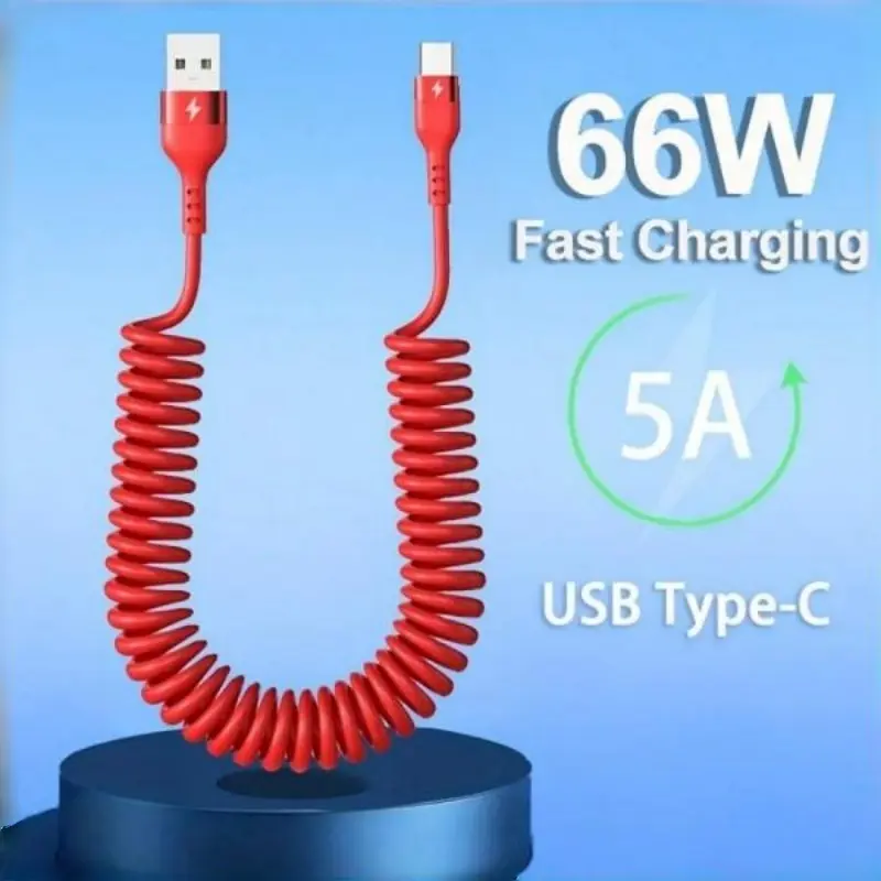 5A 66W USB to Type-C Super Fast Charging Data Cable - Compatible with Xiaomi, Redmi, POCO, Huawei, Honor, OPPO, VIVO, Realme. Spring Telescopic Retractable USB-C Cord, Max Stretch 150cm/59.06inch, for Mobile Phone Charger & Car USB Charging Accessories