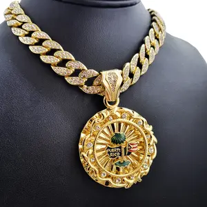 Puerto Rico Gold Plated Large Medal Pendant & 15mm 16" 18" 20" 24" 30" Iced Cuban Chain Hip Hop Necklace Jewelry Unisex Men Women