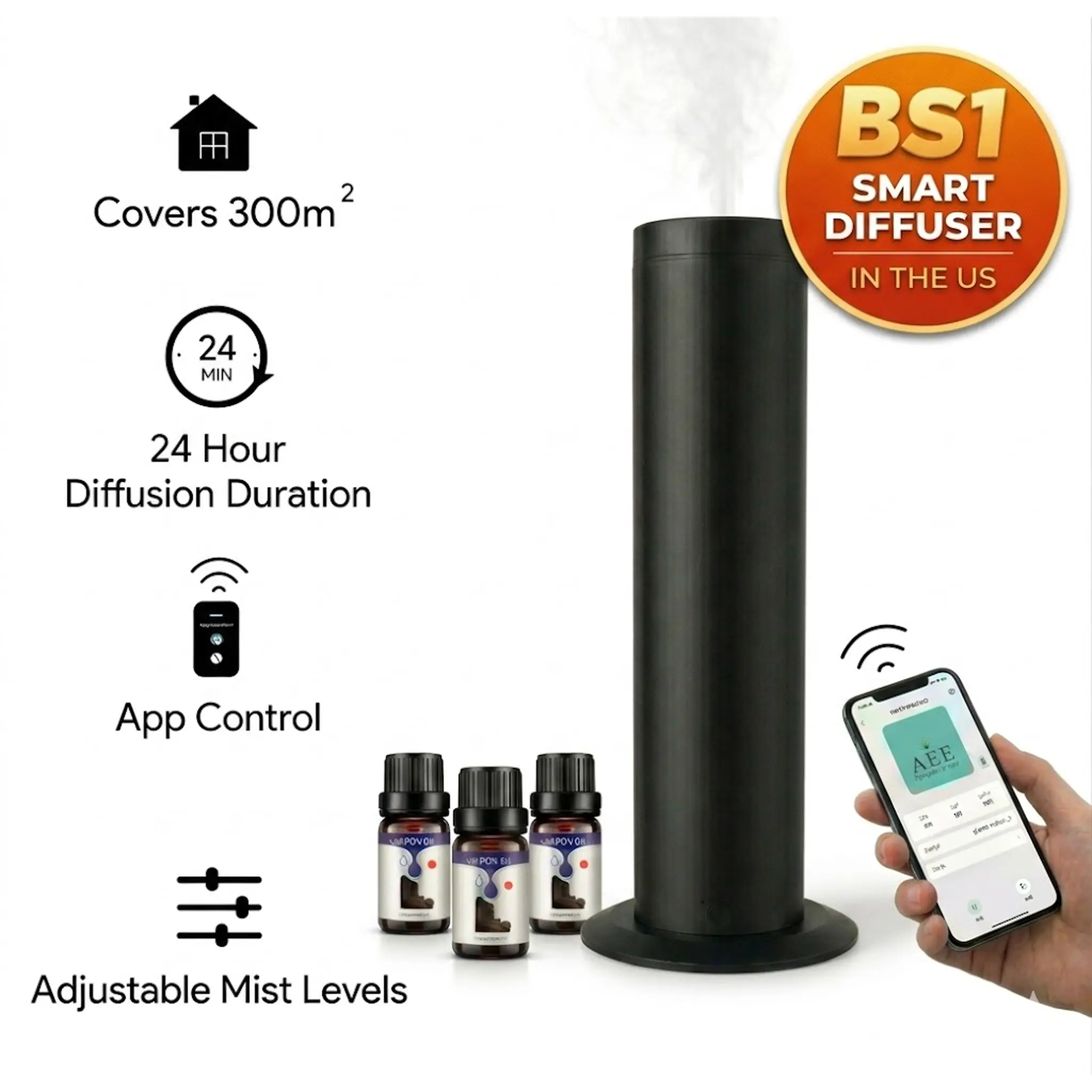 Smart Home Diffuser Kit with 3 Essential Oils – App Control, Hotel-Inspired Scents, Covers Large Rooms Up to 1250 Sqft