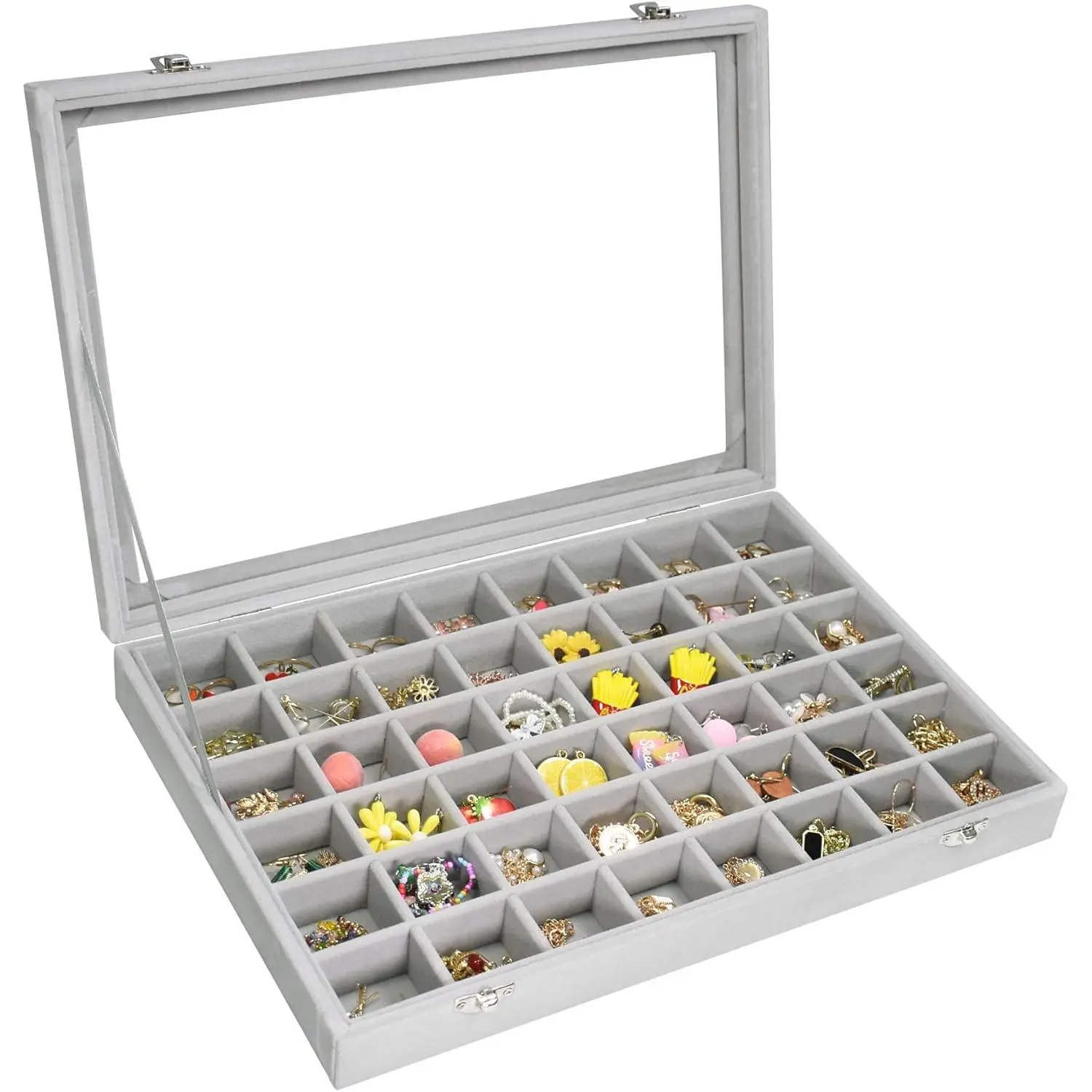 Tray 48 Compartments  Display Organizer with Transparent Cover Rings, Earrings, Necklaces, Pendants Storage Box for Girls, Wives, Mothers, Women