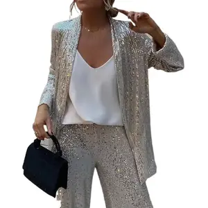 Women's Shiny Sequin Long Sleeve Top & Wide Leg Pants Set, Casual Elegant Vacation Street Style 2 Piece Outfit Suit