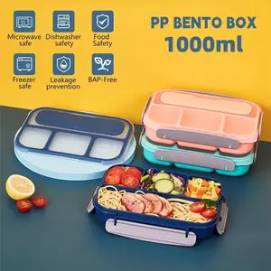 PP Bento Box 1000ml - 4-Compartment Leakproof Lunch Container- Microwave Dishwasher Freezer Safe Reusable Food-Grade Container with Silicone Lid & Spork Cutlery