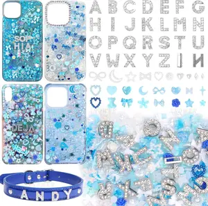330 Pcs Blue Junk Phone Case Charms 26 Pcs A-Z Rhinestone Alphabet Letter Charms, Mix Flower Bow Heart Pearls Flatback Resin Charms Letter Junk Cases Kit for DIY Crafts
