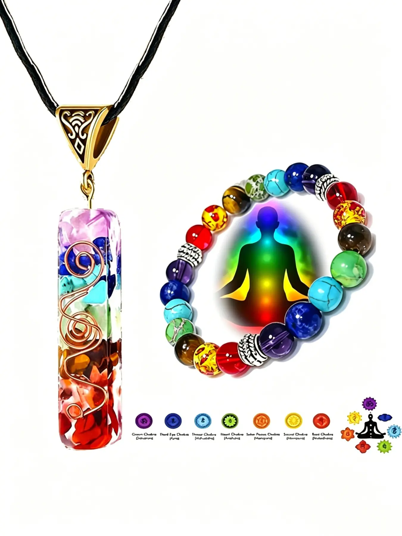 Chakra Healing Jewelry Set, Elastic Cord Chain, featuring a copper-spiral pendant and matching bead bracelet, Cohesive Look, a thoughtful gift for mindfulness practitioners, yoga lovers, supports overall well-being with natural crystal properties