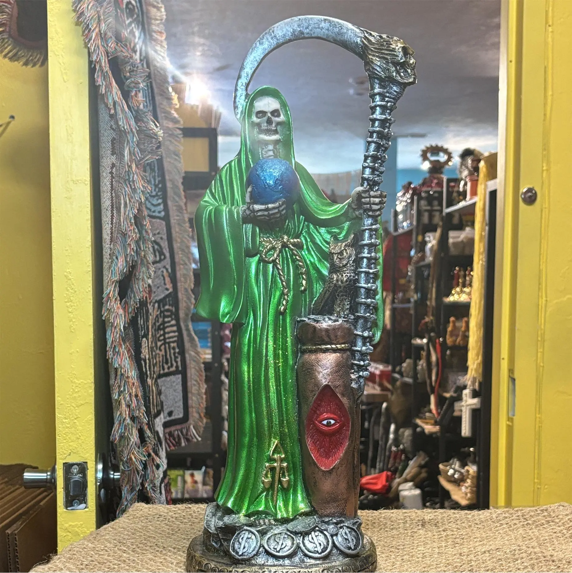 19-in Vibrant Green Charged Santa Muerte Statue, Religious Ornaments, Ornate Religious Decor, Spiritual Decor with Cleansing Properties for Home Use