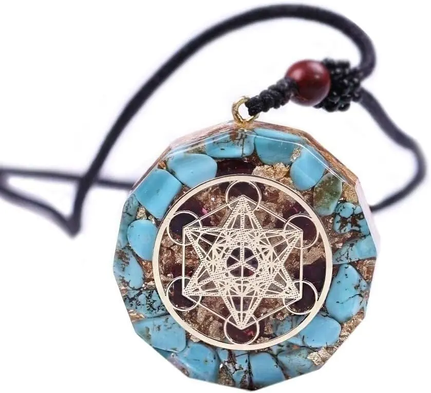 Orgonite Metatron Cube Pendant Necklace, Turquoise Natural Stone Amulet for Spiritual Protection and Inner Peace, Natural Stones, Gift Box, Epoxy Resin, Unisex, 35Mm/1.38 Inches, Geometric Metatron Cube, 1 Gift Jewelry Box, 22G/0.78 Ounces