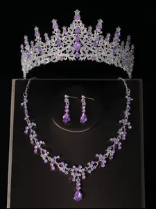 A set of atmospheric purple diamond bridal crown with simple water droplet necklace and earrings, 4-piece wedding accessory set, suitable for wedding parties and gatherings